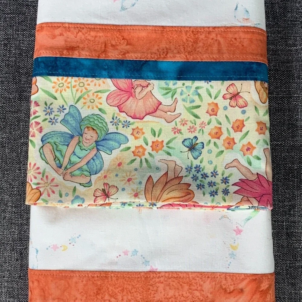 2 Homemade Whimsical Floral Fairy Print Pillowcases Orange Blue Trim Std/Queen
